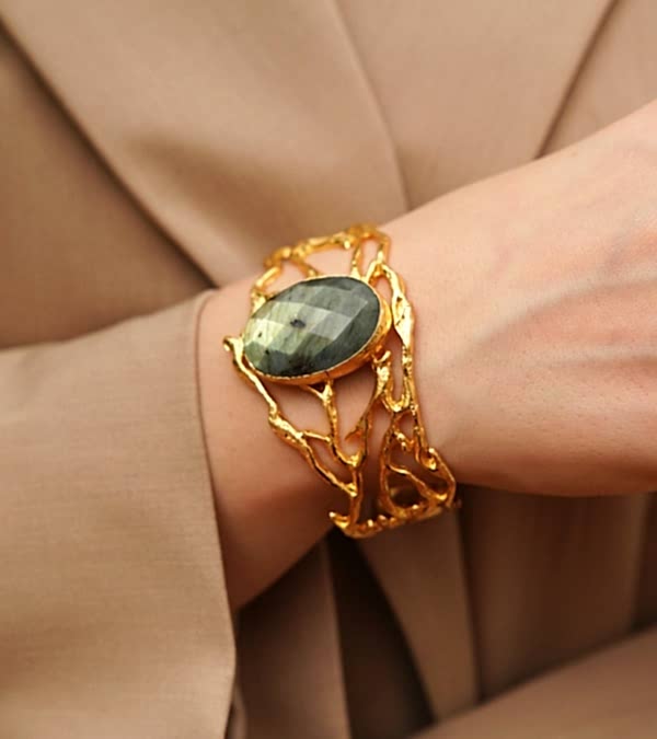 El Yapımı Altın Kaplama Pirinç Bileklik Labradorit Taşlı