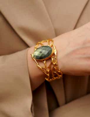 El Yapımı Altın Kaplama Pirinç Bileklik Labradorit Taşlı