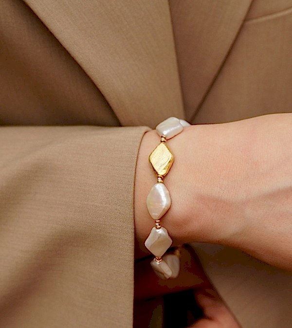 İncili Altın Kaplama Gümüş Ara Parçalı El Yapımı Tasarım Bileklik