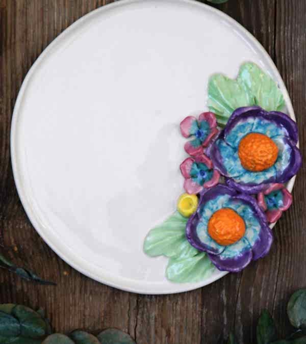 El Yapımı Tasarım Çiçekli Büyük Boy Seramik Tabak