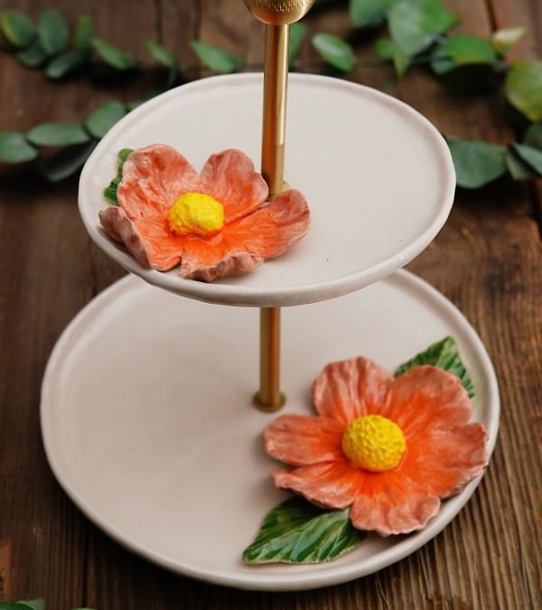 El Yapımı Tasarım Turuncu Çiçekli Seramik Sunumluk İki Katlı