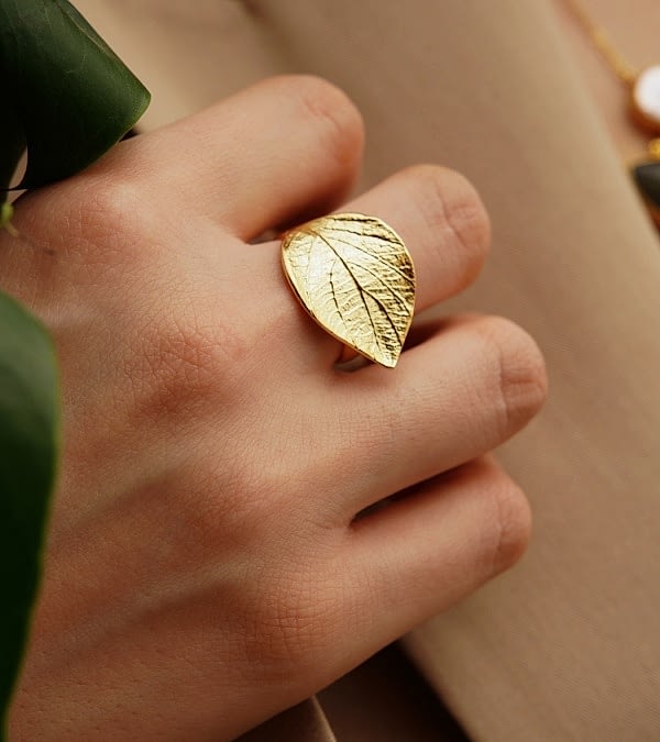 El Yapımı YaprakTasarımlı Altın Kaplama Pirinç Yüzük