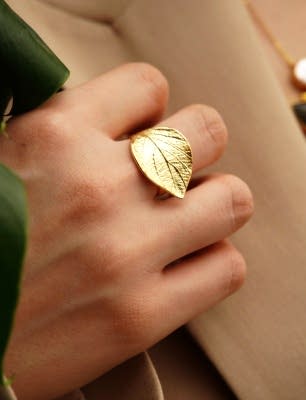 El Yapımı YaprakTasarımlı Altın Kaplama Pirinç Yüzük