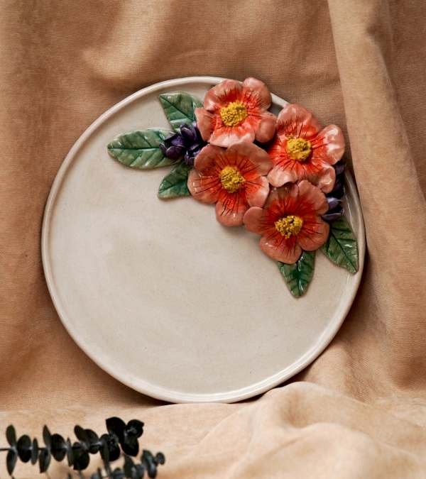 El Yapımı Tasarım Çiçekli Seramik Tabak