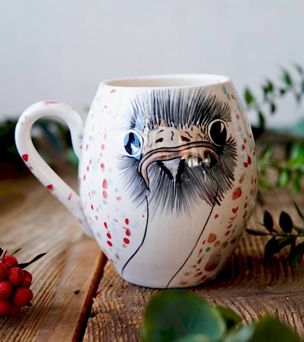 El Yapımı Çini Mug Devekuşu