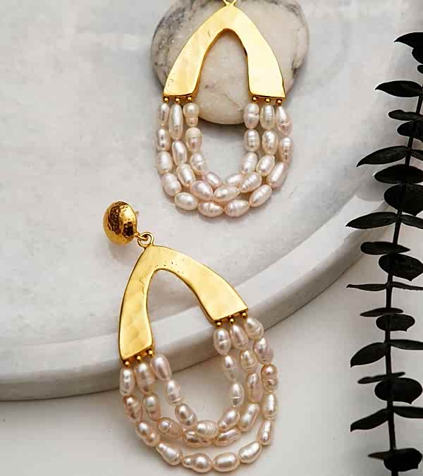 El Yapımı Tasarım İncili Pirinç Küpe