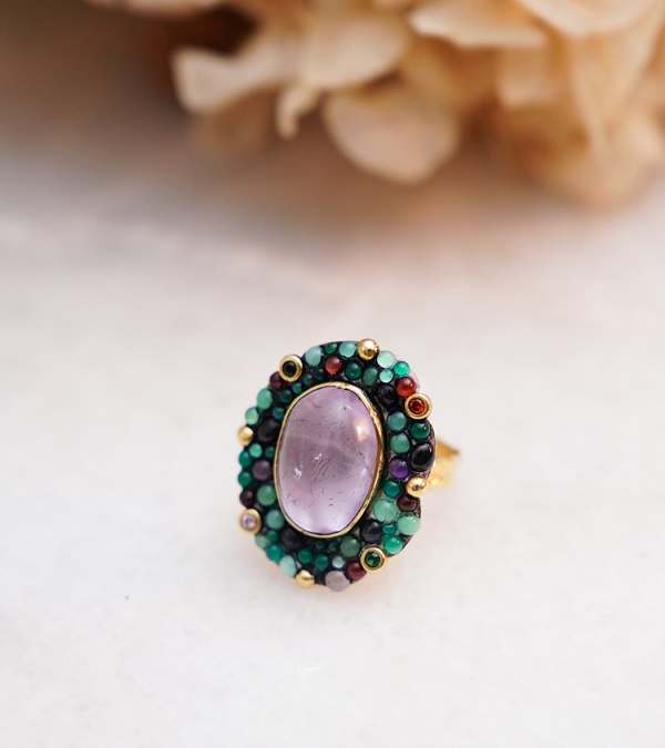 Turmalin ve Ametist Taşlı Gümüş Yüzük