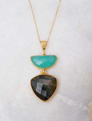 El Yapımı Altın Kaplama Pirinç Kolye Aqua Kalsedon ve Labradorit Taşlı