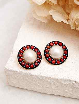 El Yapımı Tasarım Gümüş Küpe Mercan ve İnci Taşlı