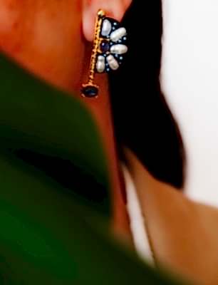 El Yapımı Tasarım Gümüş Küpe İnci ve Kyanit Taşlı