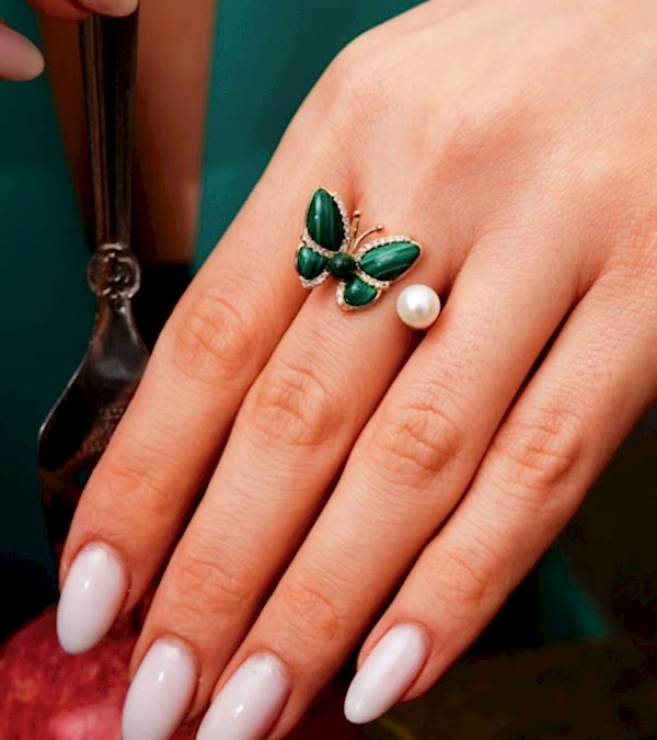 El Yapımı Tasarım Gümüş Yüzük Malahit ve İnci