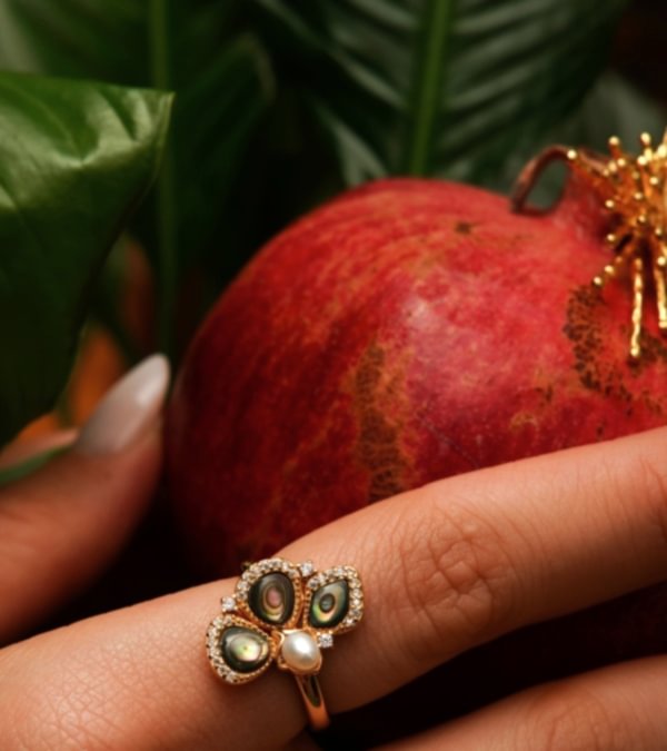 El Yapımı Tasarım Gümüş Yüzük Kelebek Sedef