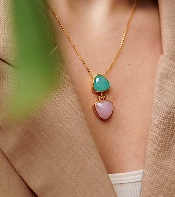 El Yapımı Altın Kaplama Pirinç Kolye Akua Kalsedon ve Pembe Kuvars Taşlı