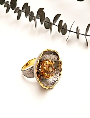 El Yapımı Tasarım Gümüş Yüzük Sitrin Taşlı