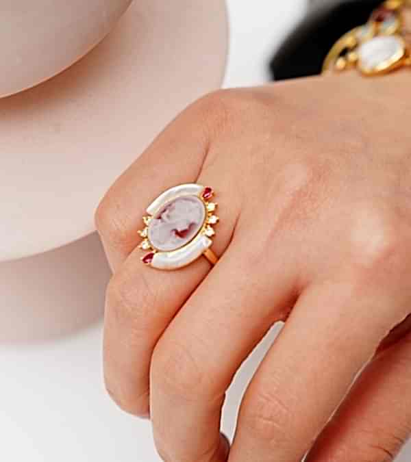 El Yapımı Cameo Tasarım Gümüş Yüzük Akik ve Sedef Taşlı