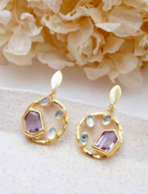 El Yapımı Tasarım Gümüş Küpe Ametist ve Aquamarin Taşlı