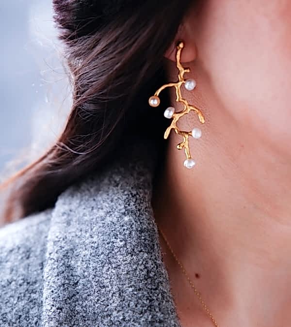 El Yapımı Altın Kaplama Pirinç Küpe İncili