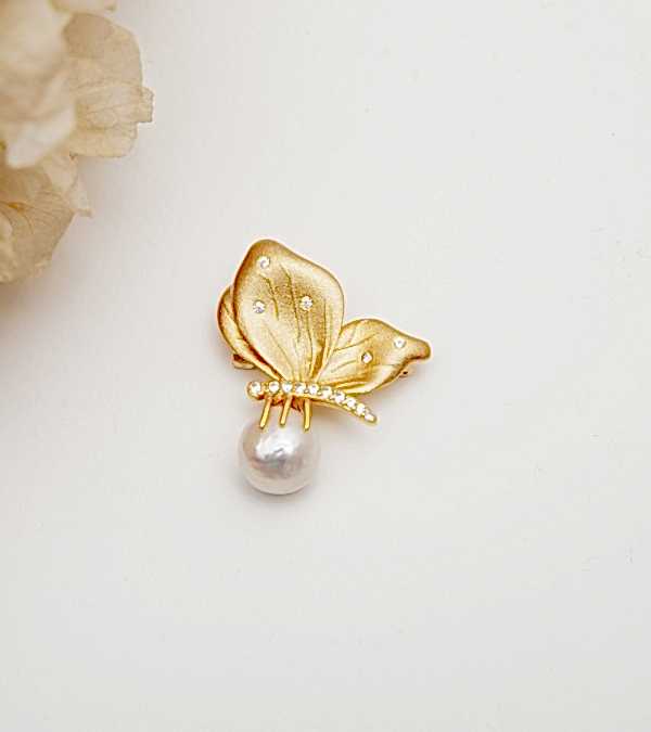 El Yapımı Tasarım Gümüş Broş Kelebek Tasarımlı İncili