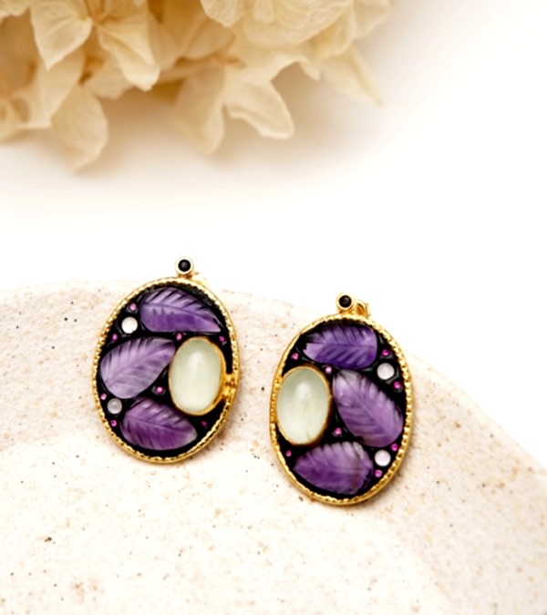 El Yapımı Tasarım Gümüş Küpe Ametist ve Kuvars Taşlı