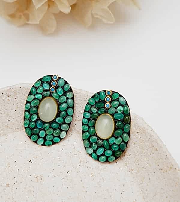 El Yapımı Tasarım Turmalin Taşlı Gümüş Küpe