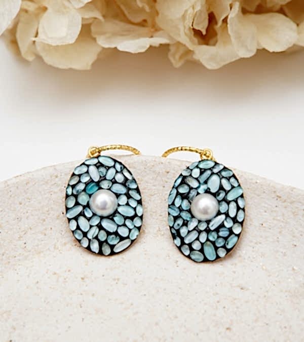 El Yapımı Tasarım Gümüş Küpe Akuamarin ve İnci Taşlı