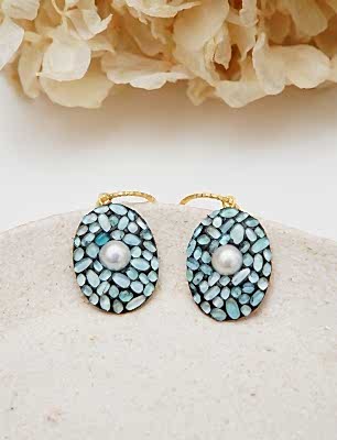 El Yapımı Tasarım Gümüş Küpe Akuamarin ve İnci Taşlı