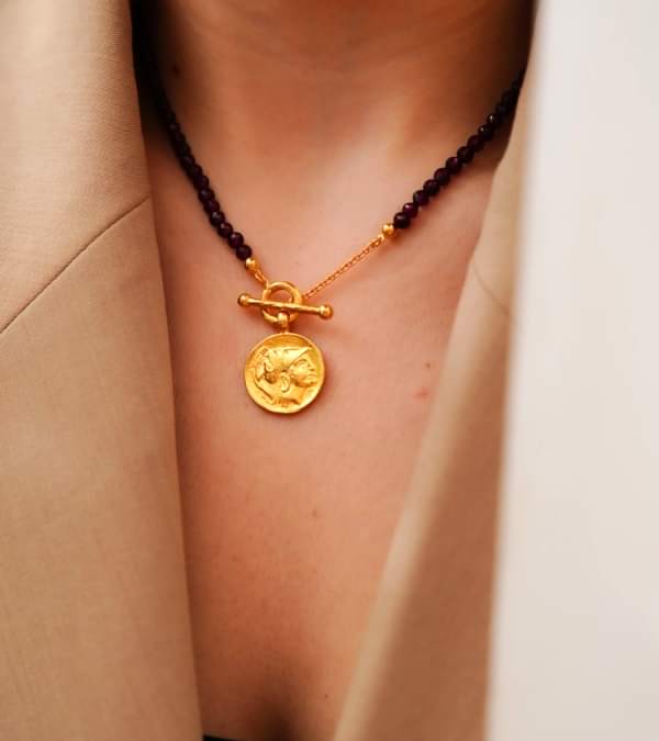 El Yapımı Garnet Taşlı Antik Para Tasarımlı Gümüş Kolye