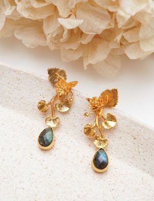 El Yapımı Çiçek Tasarımlı Labradorit Taşlı Pirinç Küpe