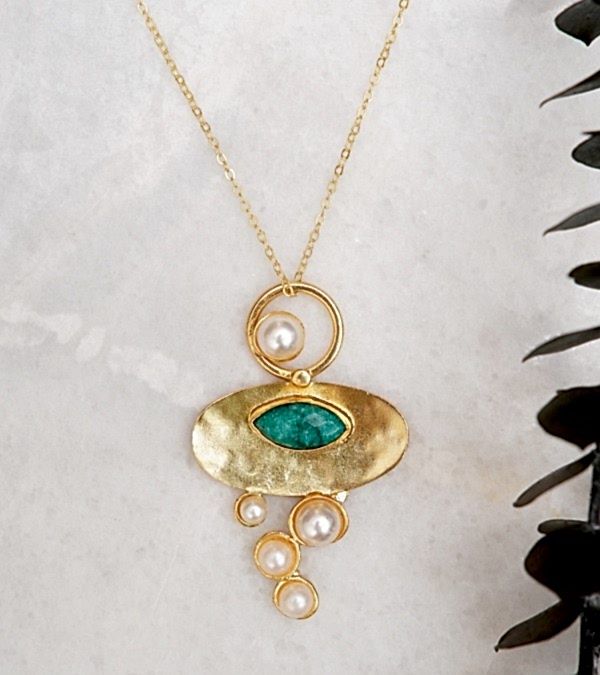 El Yapımı Tasarım Pirinç Kolye Zümrüt ve İnci Taşlı