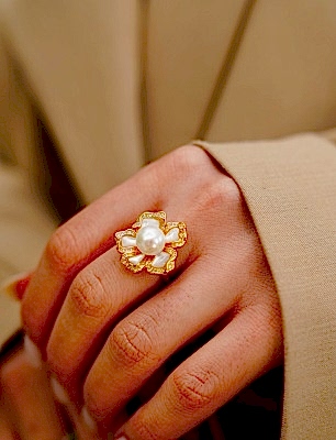 El Yapımı Tasarım Sedef ve İnci Taşlı Gümüş Yüzük