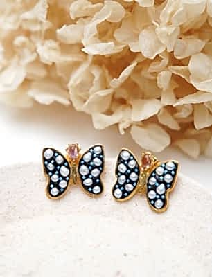 El Yapımı Kelebek Tasarımlı İncili Gümüş Küpe