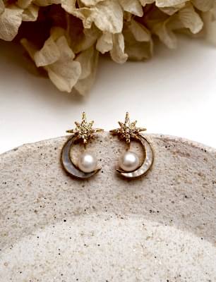 Sedef ve İncili Ay Yıldız Tasarımlı Gümüş Küpe