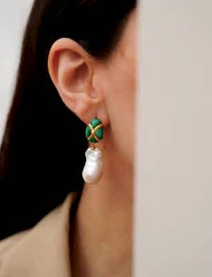 Malahit ve Barok İncili Gümüş Küpe