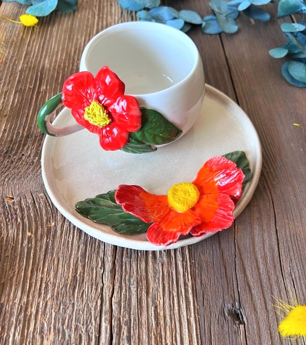 Büyük Kırmızı Çiçekli Kahve Mug Set