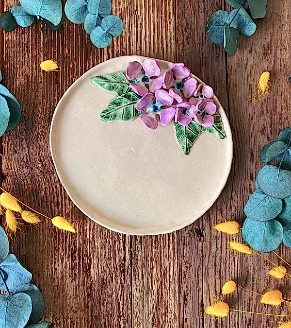 Mor Ortanca Çiçekli Pasta Tabak