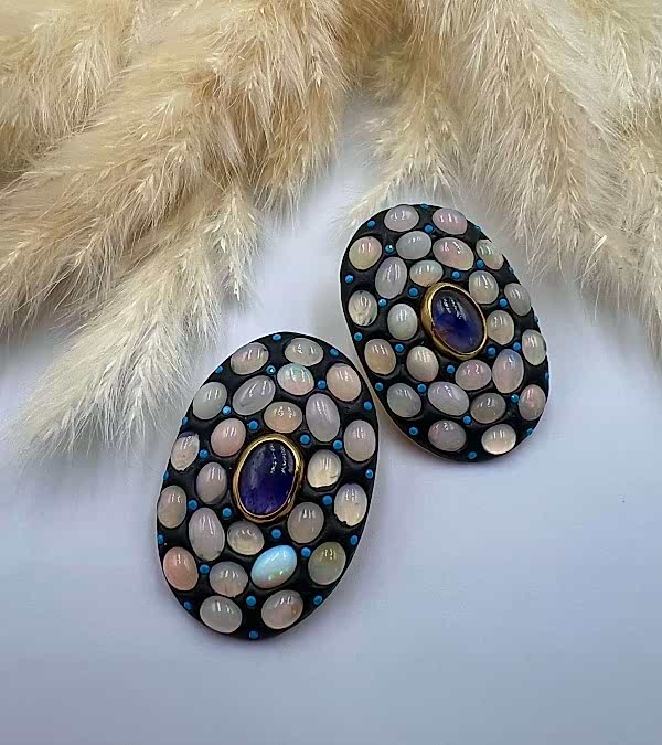 Opal ve Kyanit Taşlı Gümüş Küpe