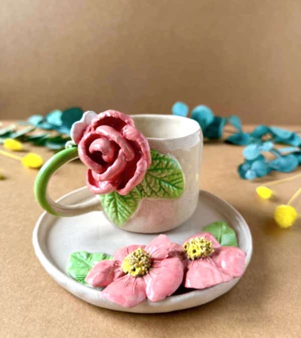 Pembe Çiçekli Kahve Mug Set