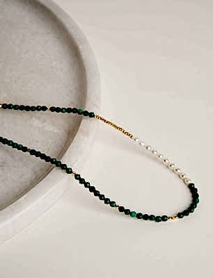 Malahit ve İncili Gümüş Kolye