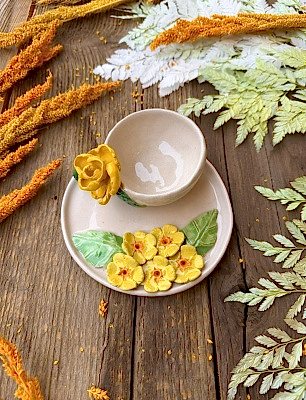 Sarı Çiçekli Türk Kahvesi Fincan Set