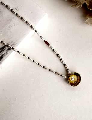 Midye Tasarım İnci Gümüş Kolye