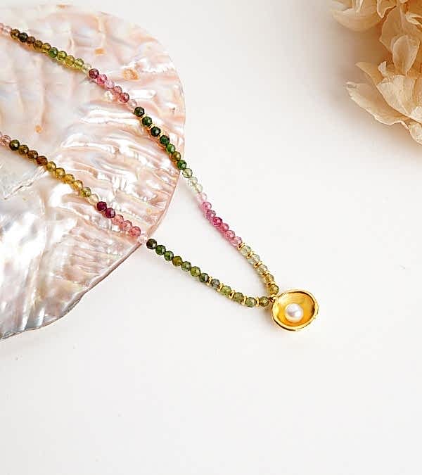 İncili Turmalin Gümüş Kolye