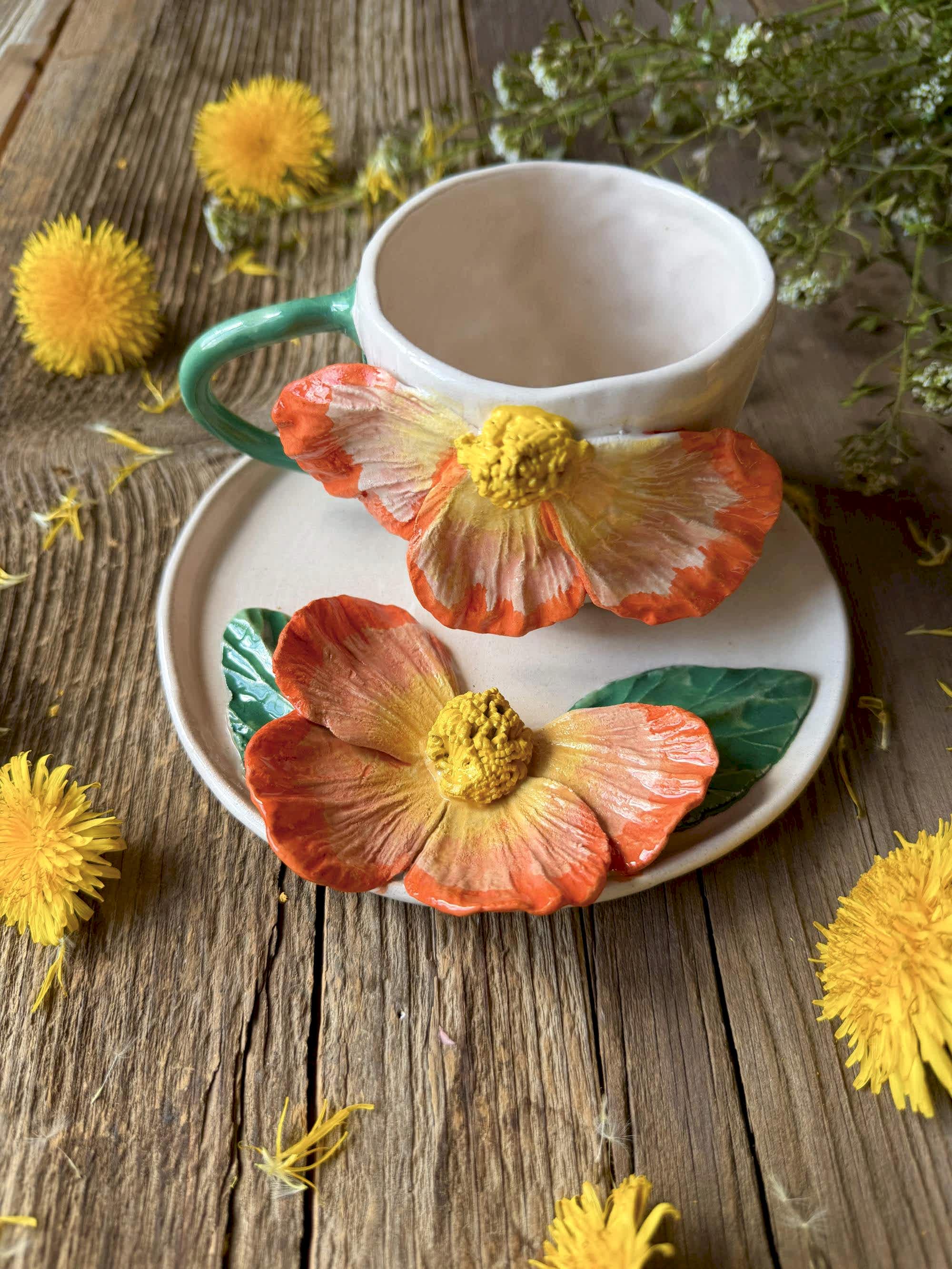 Büyük Turuncu Çiçek Kahve Mug Set