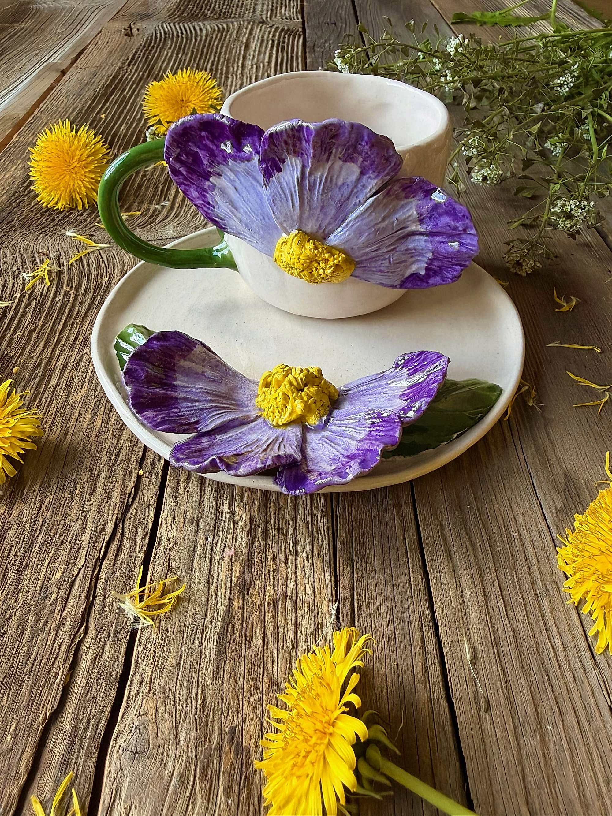 Büyük Mor Çiçek Kahve Mug Set