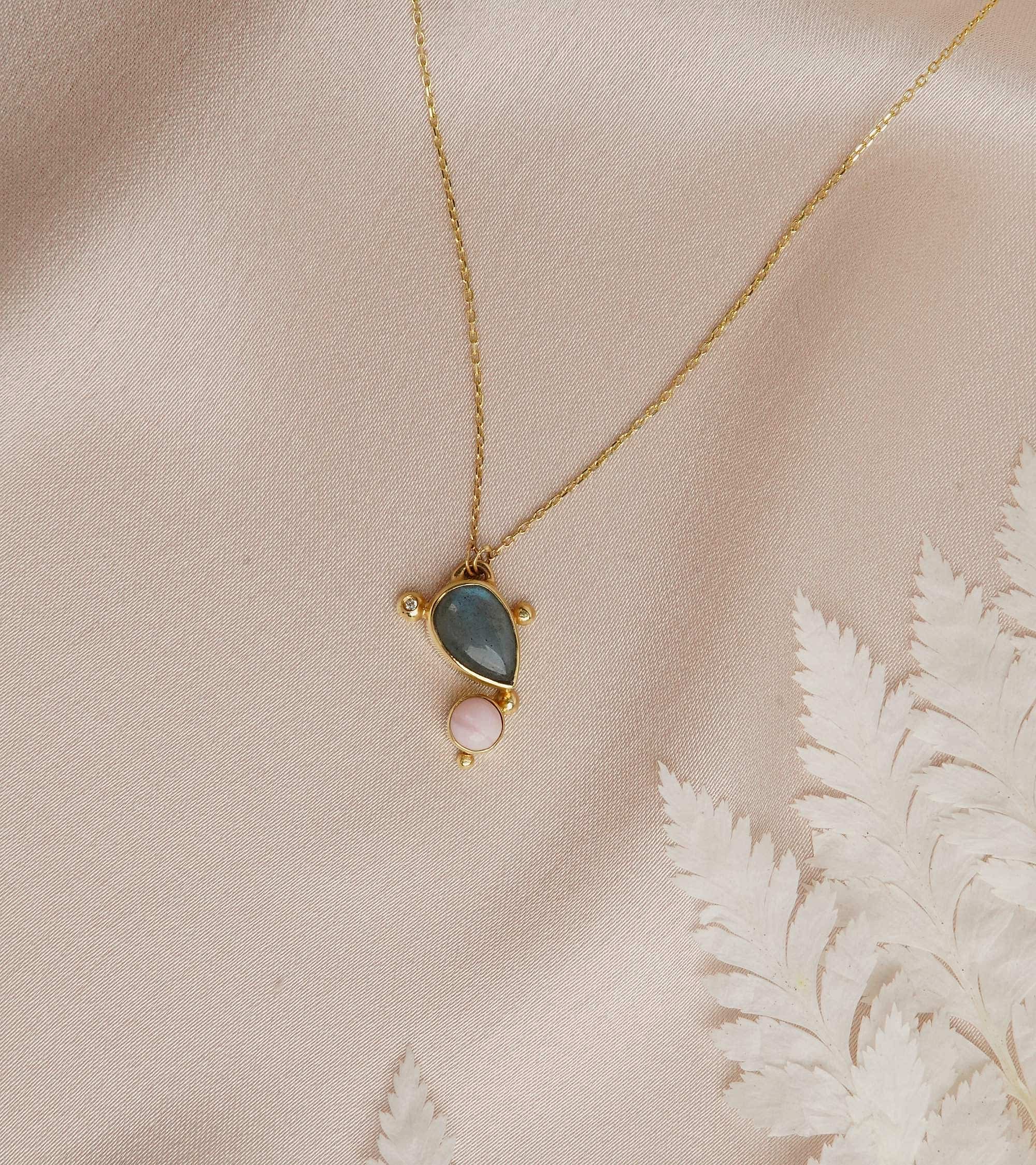 Pırlantalı Labradorit Taşlı 14K Altın Kolye